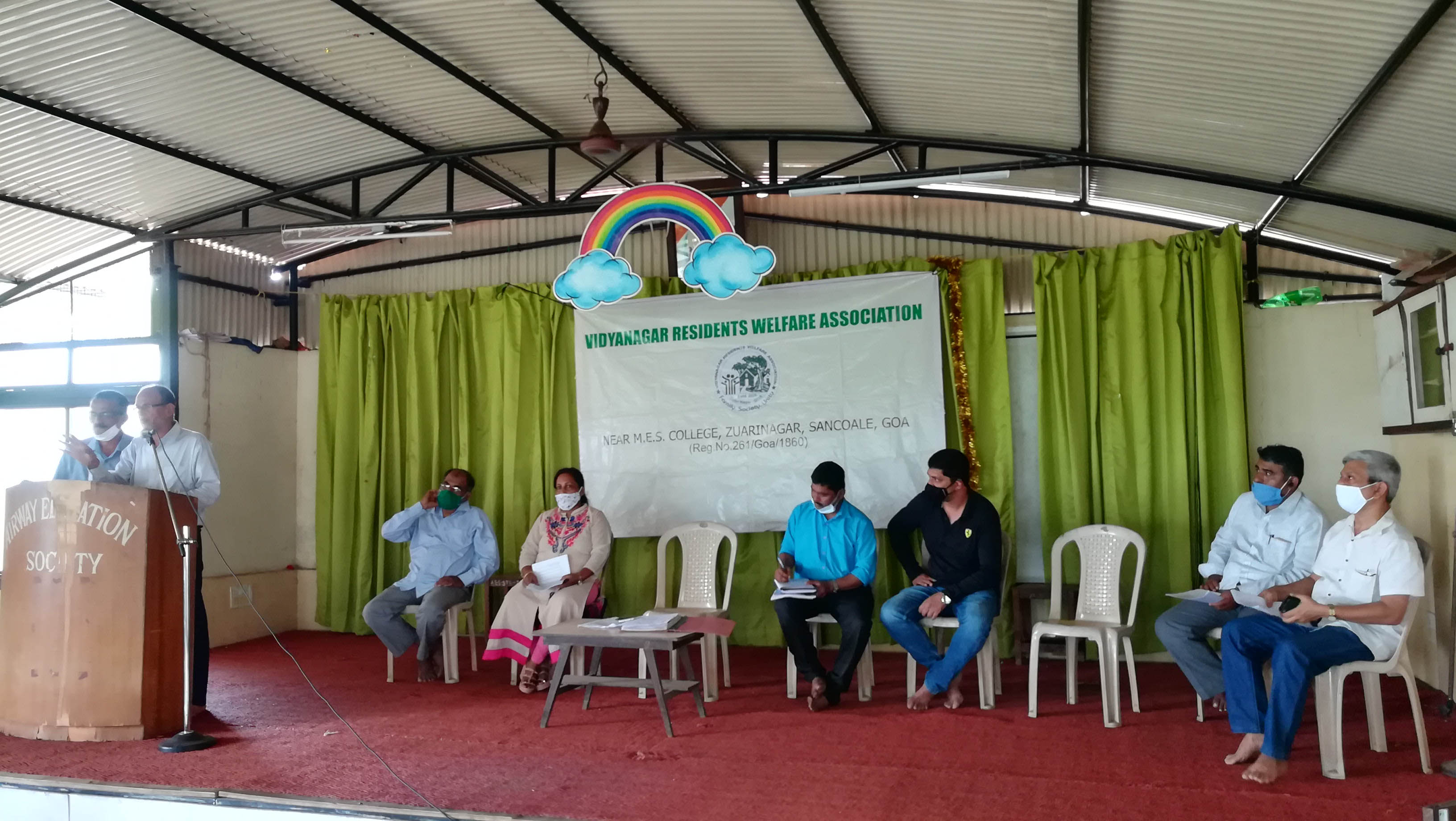 Association President Shri Santosh Desai and Treasurer Shri Shantaram Desai presenting the accounts during the annual General Body Meeting of Vidyanagar Residents Welfare Association held at Airway Public School on 20-Sep-2020.

On the stage from left: Mr. Rafik Shaikh Issak (Co-opted member), Mrs. Luiza Correia (Executive member), Shri Ganesh Lamani  (Secretary), Shri Sagar Toraskar (Joint Secretary), Shri Monish Meti and Shri Balaram Gunjiker (both Co-opted members).