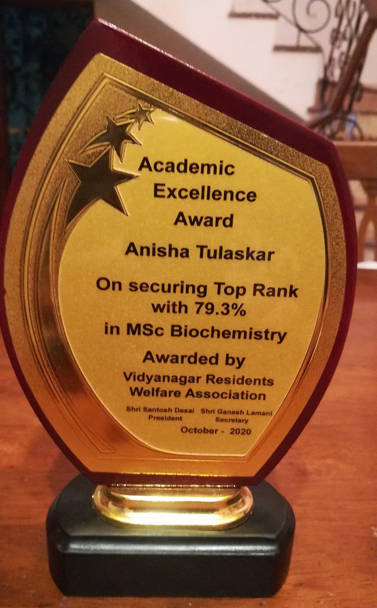 Award given to Anisha Tulaskar- for securing top rank with 79.3% in MSc. Bio- chemistry at the Goa University in Oct. 2020.