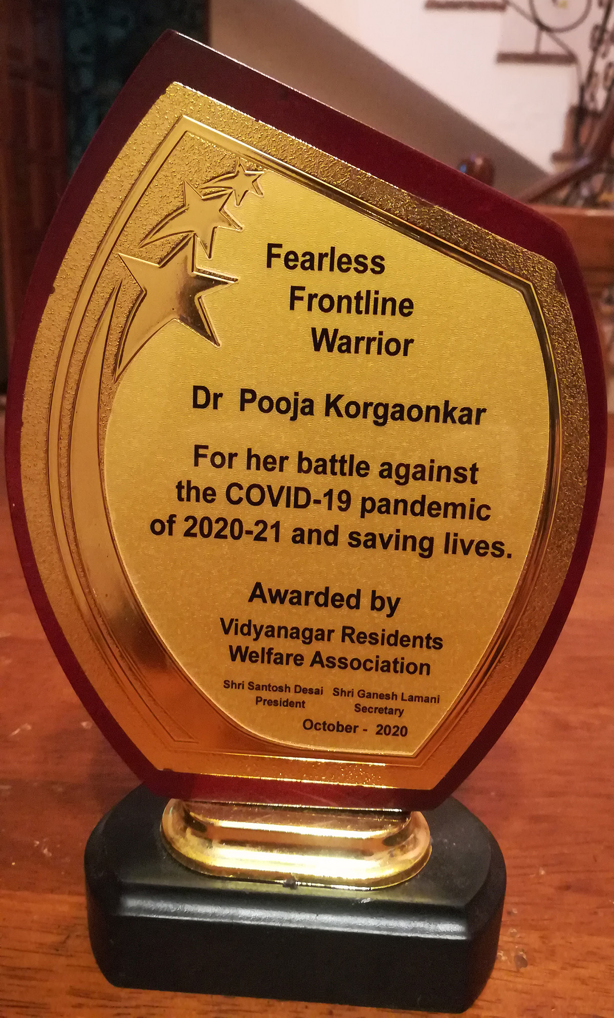 Memento to be given to Dr. Gayatri Kalyanshetty for her selfless service to society and humanity as a frontline warrior in the  battle against Covid-19 Pandemic and saving lives.