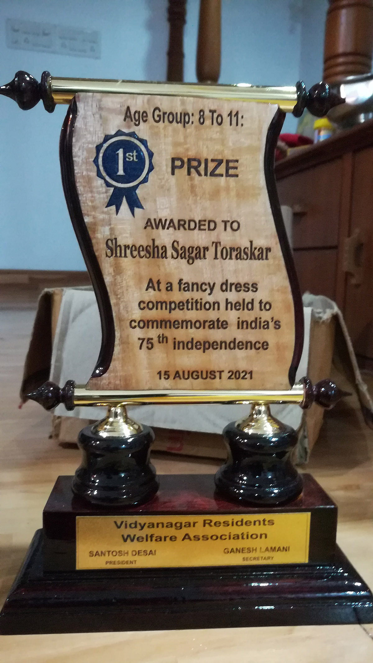 Winner of 1st Prize in age group 8 to 11 awarded to Miss Shreesha Sagar Toraskar for excellence in the Fancy dress competition held on 15-Aug-2021. <a href=https://youtu.be/f4lS5Cnda_4 target=_blank class=blue>View competition video</a>