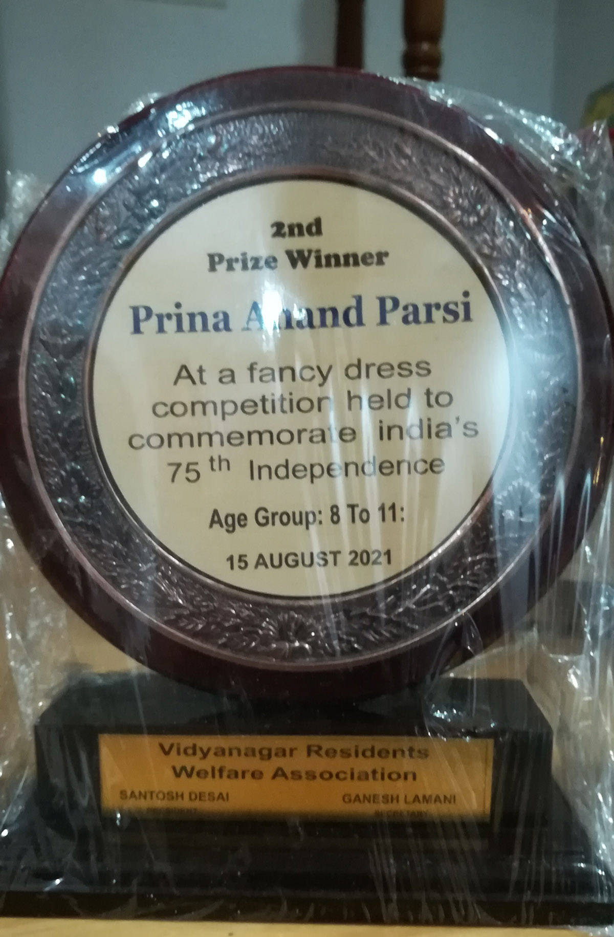 Co-Winner of 2nd Prize awarded to Miss Prina Anand Parsi ( age group 8 to 11 ) for excellence in the Fancy dress competition held on 15-Aug-2021. <a href=https://youtu.be/hDnmBO5_lk4 target=_blank class=blue>Competition Video</a>