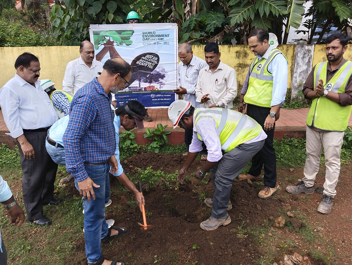 Seen here is Ex-President of Vidyanagar Residents Welfare Association; Shri Santosh Desai (checked blue shirt),  Shri L.T. Naik (white shirt), Mr. Wilfred Fernandes (with cap), Shri Jayant Prabhakar Gosavi, Project Manager,  L&T Ltd., Adora De Goa Project (white shirt),  Shri Rajaram Patil, Association Secretary Shri Ganesh Lamani (right), and other members of the L&T team while planting a sapling in Sidharth colony of Vidyanagar.